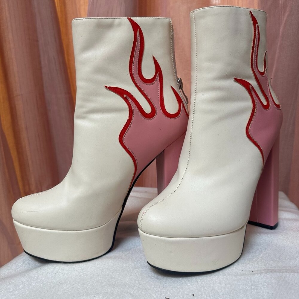 Flame Platform Ankle Boots Pink Cream Chunky Heel Y2K Alt SZ 7.5